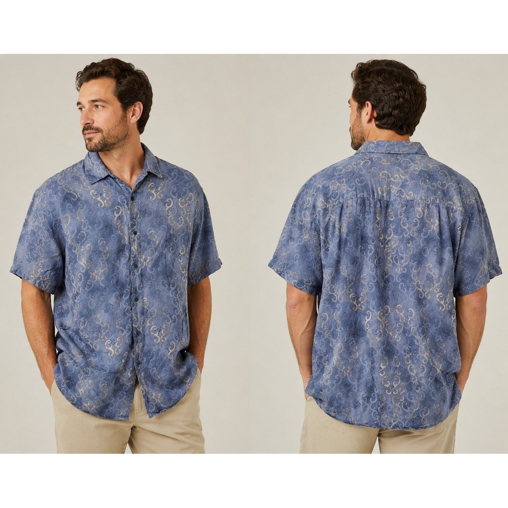 Axist Wave-Washed Linen 100% Linen Button Front Shirt Blue Scroll Print XL